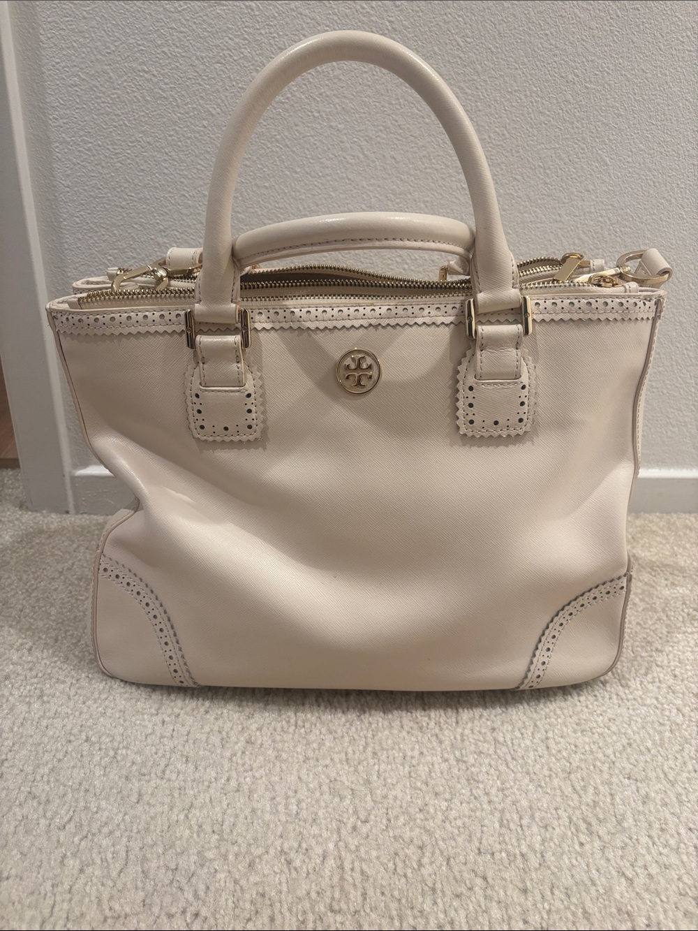 Tory Burch Cream Leather Structured Top-Handle Satchel with Gold Hardware